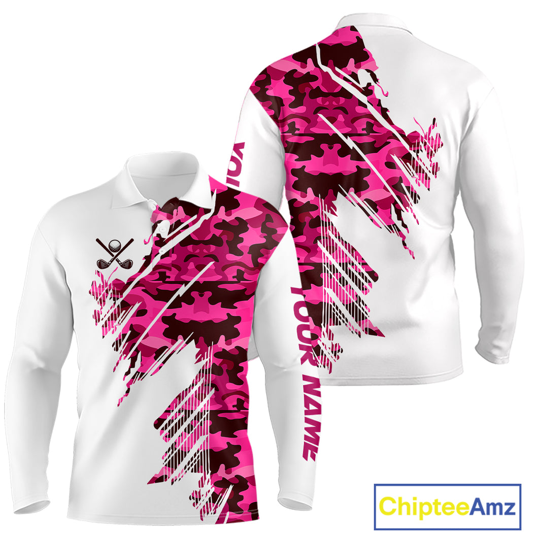 Personalized Mens golf polo shirts custom white and pink camo mens golf apparel, golfing gifts NQS10335