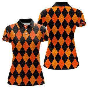 Matching golf polos for couples custom orange and black argyle plaid Halloween pattern golf attire NQS6247