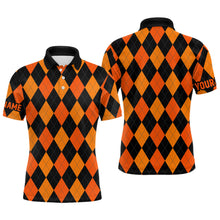 Load image into Gallery viewer, Matching golf polos for couples custom orange and black argyle plaid Halloween pattern golf attire NQS6247