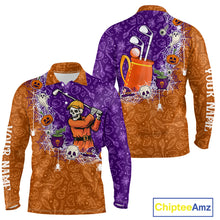Load image into Gallery viewer, Halloween Skull Playing Golf Mens Golf Polo Shirt Custom Halloween golf outfit For Men Golf Gifts NQS10340