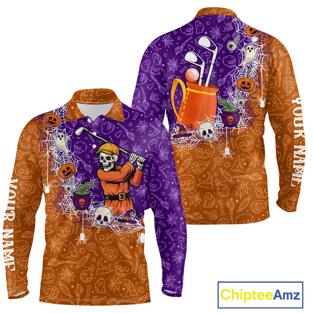 Halloween Skull Playing Golf Mens Golf Polo Shirt Custom Halloween golf outfit For Men Golf Gifts NQS10340
