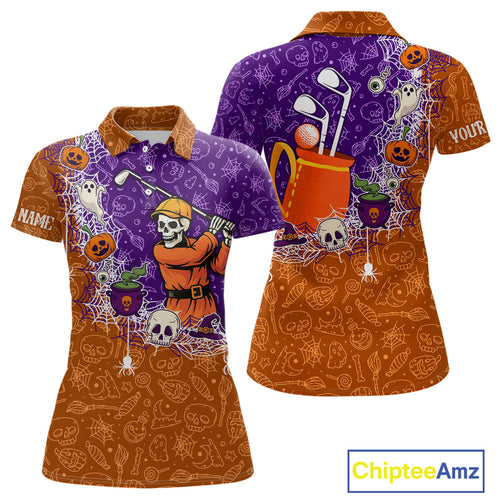 Halloween Skull Playing Golf Women Golf Polo Shirt Custom Halloween golf outfit For Ladies Golf Gifts NQS10340