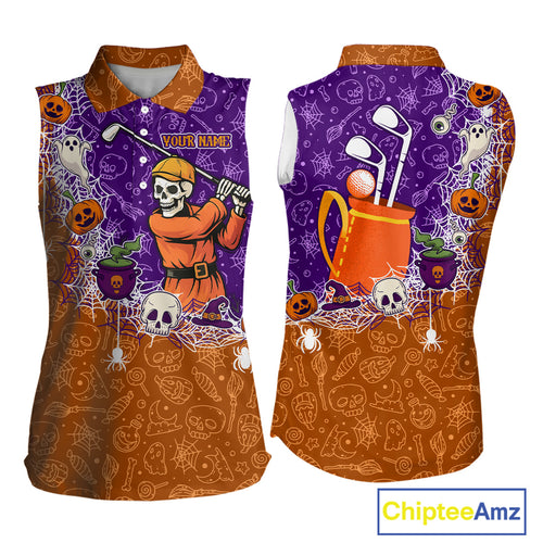 Halloween Skull Playing Golf Sleeveless Polo Shirt Custom Halloween golf outfit For Ladies Golf Gifts NQS10340