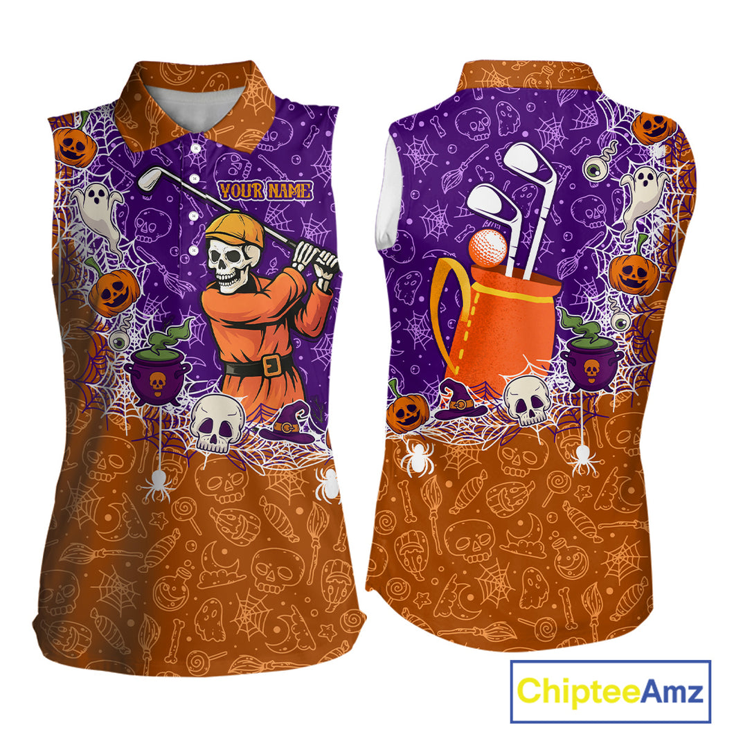 Halloween Skull Playing Golf Sleeveless Polo Shirt Custom Halloween golf outfit For Ladies Golf Gifts NQS10340