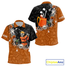 Load image into Gallery viewer, Halloween Skull Playing Golf Kid Golf Polo Shirt Custom black &amp; orange Halloween Kid golf outfit NQS10341