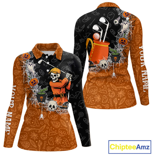 Halloween Skull Playing Golf Women Golf Polo Shirt Custom black & orange Halloween mens golf outfit NQS10341