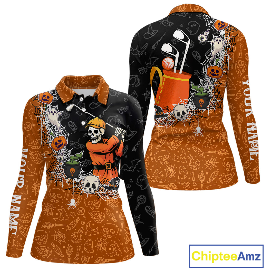 Halloween Skull Playing Golf Women Golf Polo Shirt Custom black & orange Halloween mens golf outfit NQS10341
