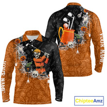 Load image into Gallery viewer, Halloween Skull Playing Golf Mens Golf Polo Shirt Custom black and orange Halloween mens golf outfit NQS10341