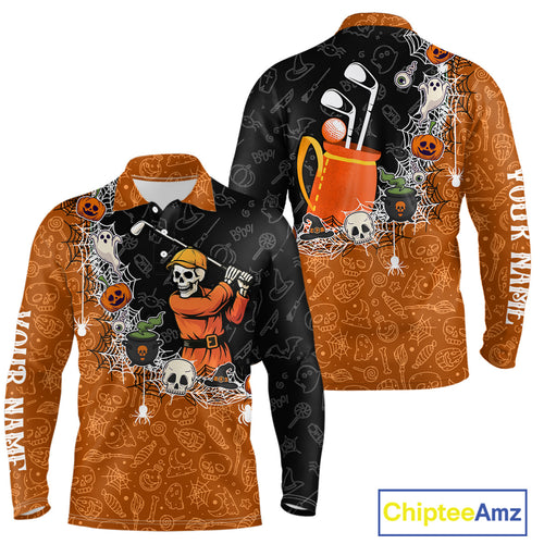 Halloween Skull Playing Golf Mens Golf Polo Shirt Custom black and orange Halloween mens golf outfit NQS10341