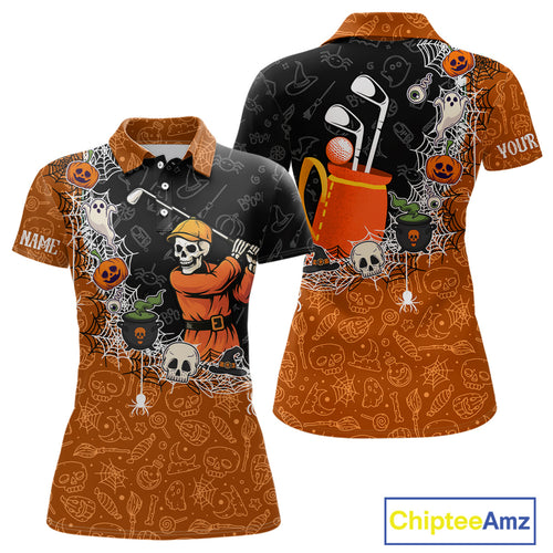 Halloween Skull Playing Golf Women Golf Polo Shirt Custom black & orange Halloween mens golf outfit NQS10341