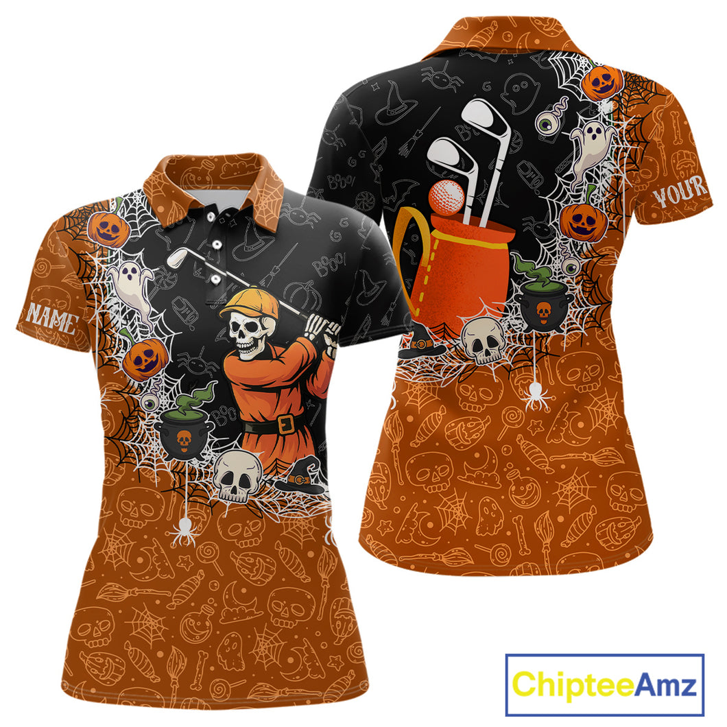 Halloween Skull Playing Golf Women Golf Polo Shirt Custom black & orange Halloween mens golf outfit NQS10341