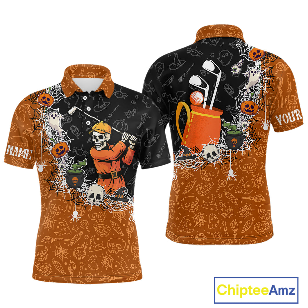 Halloween Skull Playing Golf Mens Golf Polo Shirt Custom black and orange Halloween mens golf outfit NQS10341