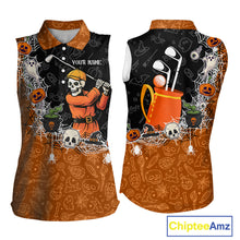 Load image into Gallery viewer, Halloween Skull Playing Golf Sleeveless Polo Shirt Custom black &amp; orange Halloween ladies golf outfit NQS10341