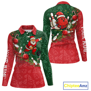 Christmas Santa Women Bowling Polo, Quarter Zip Shirt Custom Christmas Team Bowling outfit For Ladies NQS10342