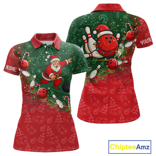 Christmas Santa Women Bowling Polo, Quarter Zip Shirt Custom Christmas Team Bowling outfit For Ladies NQS10342