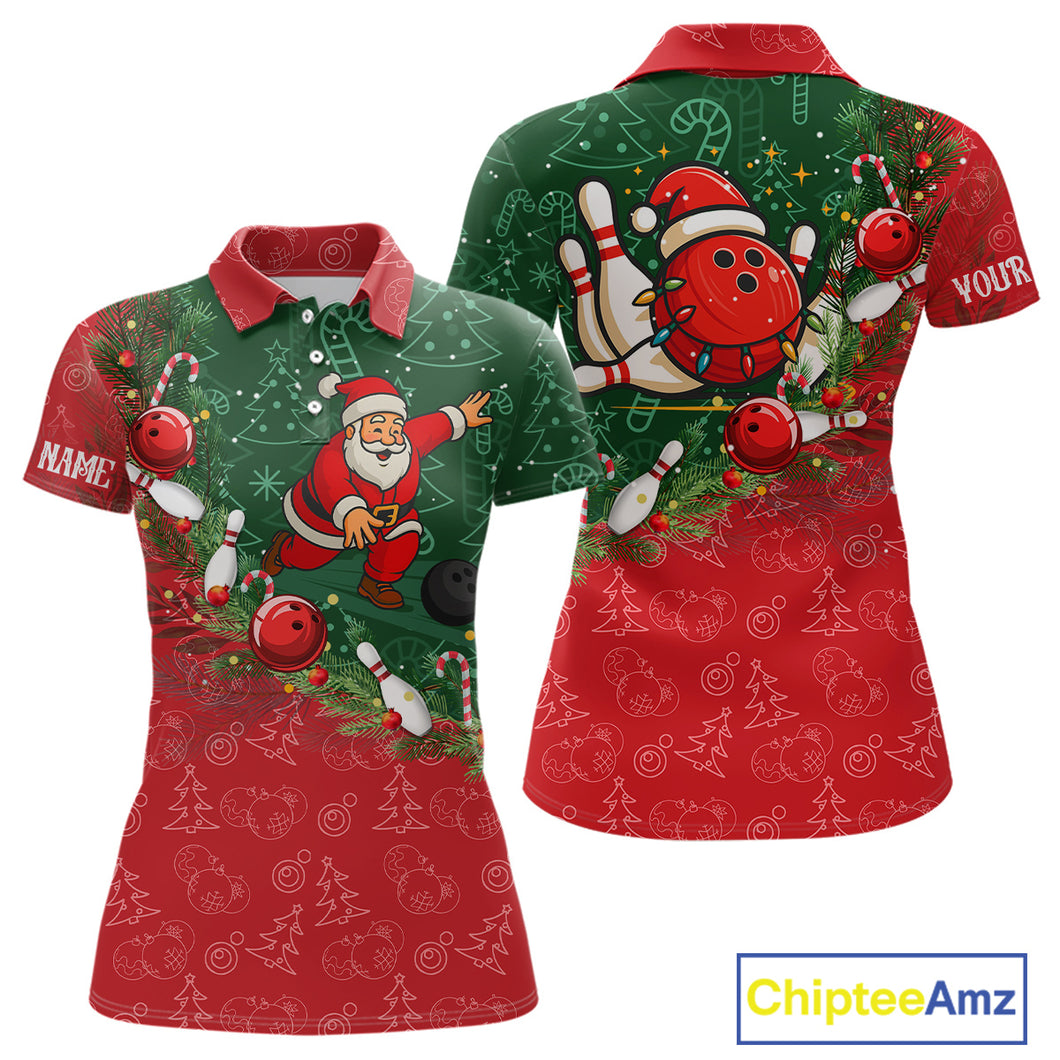 Christmas Santa Women Bowling Polo, Quarter Zip Shirt Custom Christmas Team Bowling outfit For Ladies NQS10342