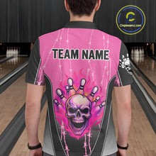 Load image into Gallery viewer, Black and pink flame skull Bowling Polo, 1/4 Zip Shirt for men Custom Team Bowling League Jersey NQS10203