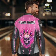 Load image into Gallery viewer, Black and pink flame skull Bowling Polo, 1/4 Zip Shirt for men Custom Team Bowling League Jersey NQS10203