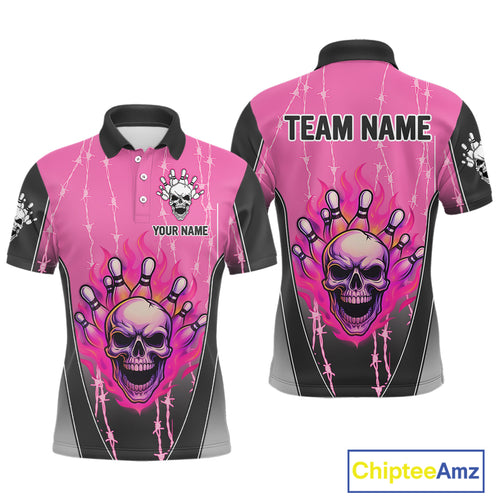 Black and pink flame skull Bowling Polo, 1/4 Zip Shirt for men Custom Team Bowling League Jersey NQS10203