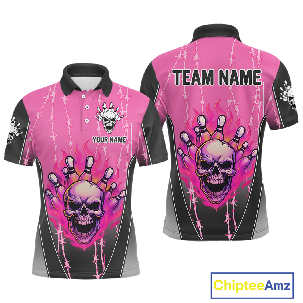 Black and pink flame skull Bowling Polo, 1/4 Zip Shirt for men Custom Team Bowling League Jersey NQS10203