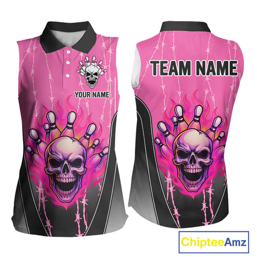 Black and pink flame skull Bowling sleeveless polo Shirt for Women Custom Team Bowling League Jersey NQS10203