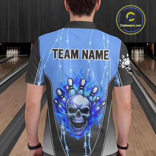 Black and blue flame skull Bowling Polo, 1/4 Zip Shirt for men Custom Team Bowling League Jersey NQS10205