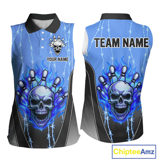 Black and blue flame skull Women Bowling sleeveless polo Shirt Custom Team Bowling League Jersey NQS10205