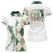 Load image into Gallery viewer, Green and white golf shirt argyle pattern golf clubs custom name Womens golf polo shirts Let&#39;s par tee NQS6040