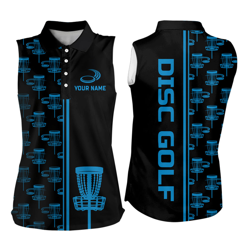 Womens Sleeveless golf polos shirts Black and Blue gradient disc golf basket custom disc golf jerseys NQS7963