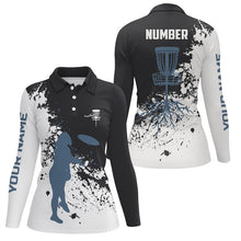 Load image into Gallery viewer, Black and white Womens disc golf polo shirt custom name and number disc golf jerseys, ladies golf tops NQS6051