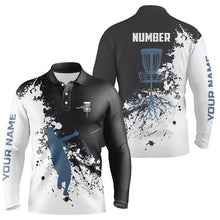 Load image into Gallery viewer, Black and white Mens disc golf polo shirt custom name and number disc golf jerseys, golf outfit men NQS6051