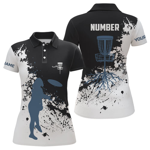 Black and white Womens disc golf polo shirt custom name and number disc golf jerseys, ladies golf tops NQS6051