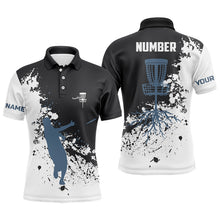 Load image into Gallery viewer, Black and white Mens disc golf polo shirt custom name and number disc golf jerseys, golf outfit men NQS6051