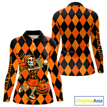 Load image into Gallery viewer, Funny Women golf polo shirt custom orange and black argyle plaid Halloween Skull ladies golf attire NQS10355