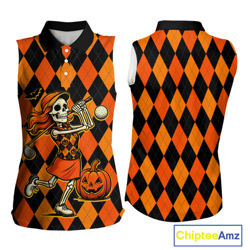 Funny Women sleeveless polo shirt custom orange black argyle plaid Halloween Skull ladies golf attire NQS10355