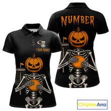 Load image into Gallery viewer, Black and Orange Halloween disc golf skull custom Women disc golf polo shirts, disc golf gifts NQS10788