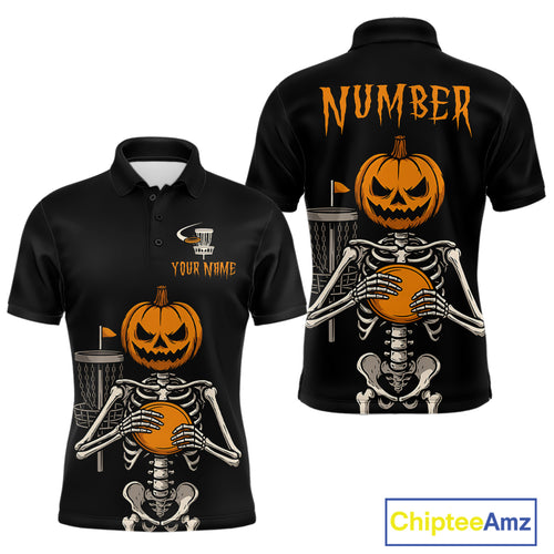 Black and Orange Halloween disc golf skull custom Men disc golf polo shirts, disc golf gifts NQS10788