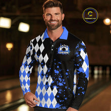 Load image into Gallery viewer, Blue argyle pattern Retro Bowling Shirts For Men Custom My drinking team has a bowling problem NQS9824