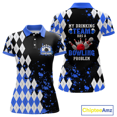 Blue argyle pattern Retro Bowling Shirts For Women Custom My drinking team has a bowling problem NQS9824