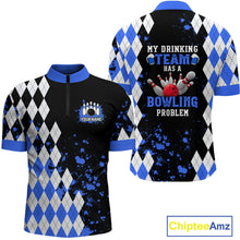 Load image into Gallery viewer, Blue argyle pattern Retro Bowling Shirts For Men Custom My drinking team has a bowling problem NQS9824
