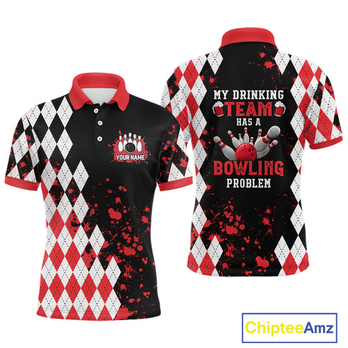 Red argyle pattern Retro Bowling Shirts For Men Custom My drinking team has a bowling problem NQS9825