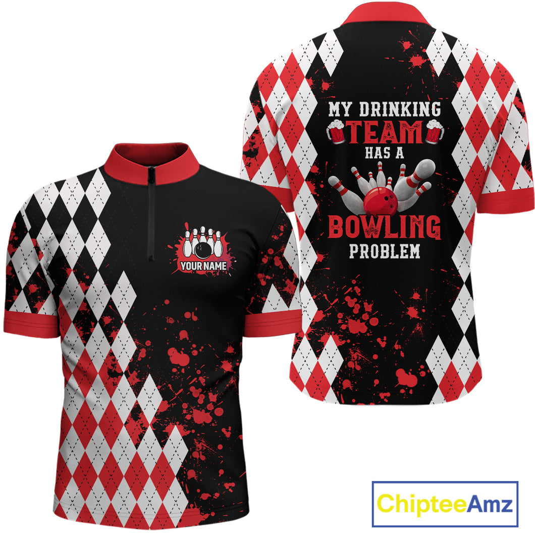 Red argyle pattern Retro Bowling Shirts For Men Custom My drinking team has a bowling problem NQS9825