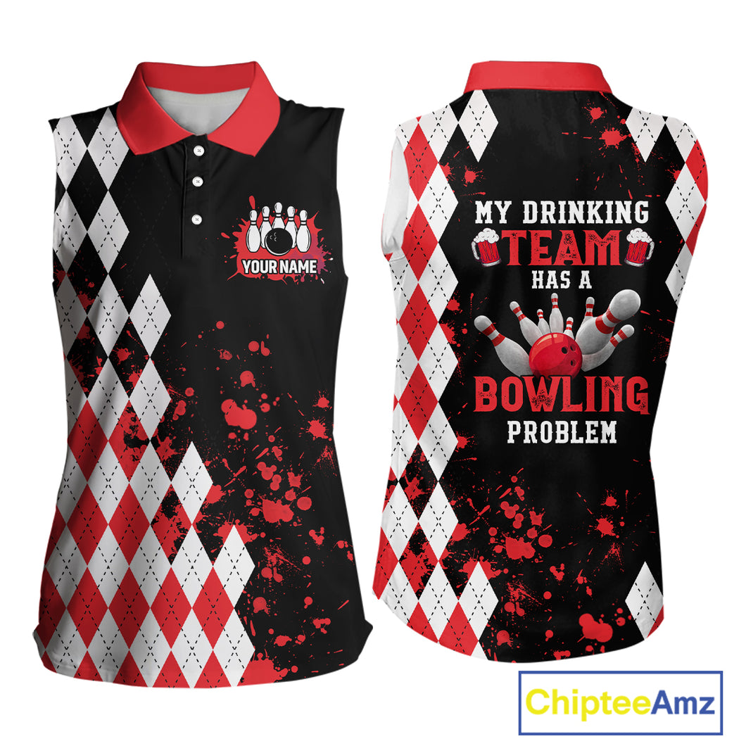 Red argyle pattern Retro Bowling Sleeveless Polo Shirt Custom My drinking team has a bowling problem NQS9825