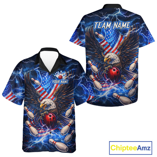 US Flag Eagle Bowling Hawaiian Shirt Custom Blue Lightning Thunder Patriotic Team Bowling Jerseys NQS11581