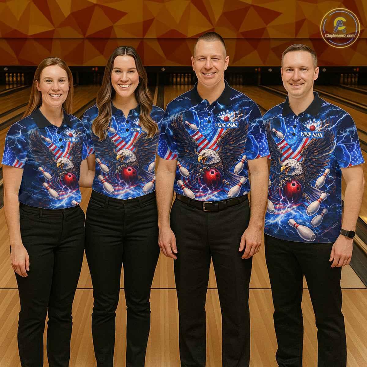 US Flag Eagle Bowling Shirts for Men Custom Blue Lightning Thunder Patriotic Team Bowling Jerseys NQS11581