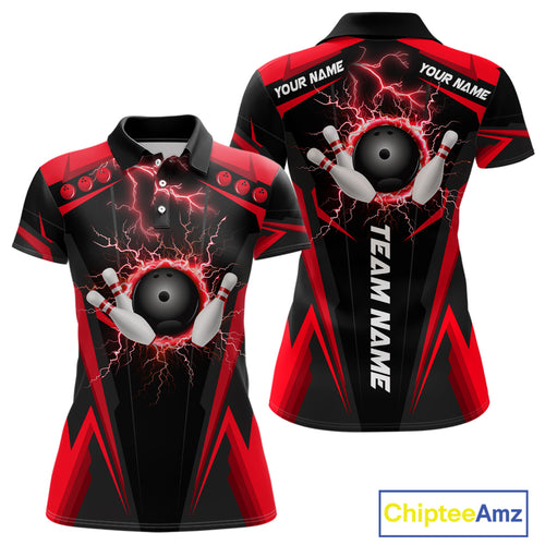 Black Women bowling Polo, Quarter Zip shirt Custom lightning thunder team league bowling jersey | Red NQS10373