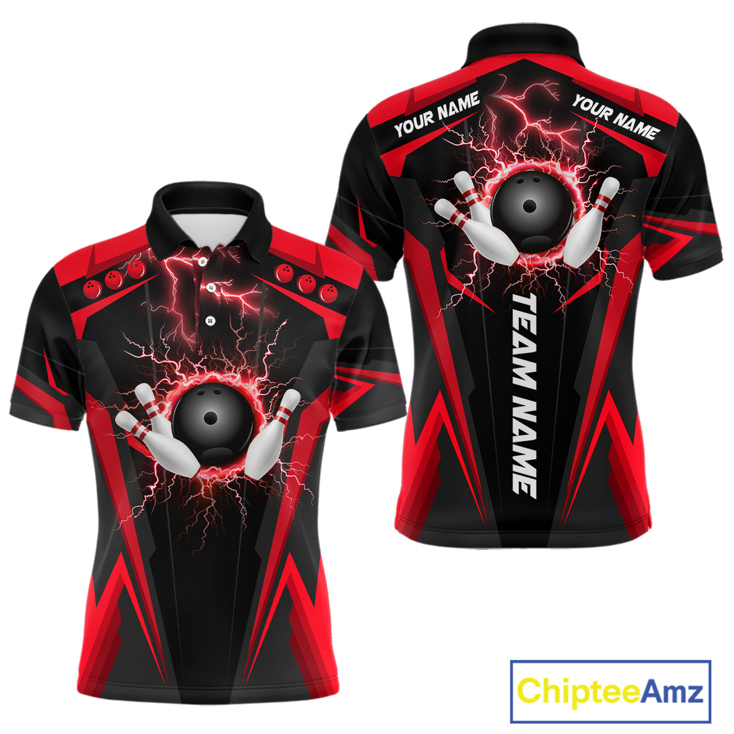 Black Mens bowling Polo, Quarter Zip shirt Custom lightning thunder team league bowling jerseys | Red NQS10373