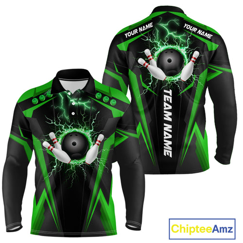 Black Men bowling Polo, Quarter Zip shirt Custom lightning thunder team league bowling jersey | Green NQS10374