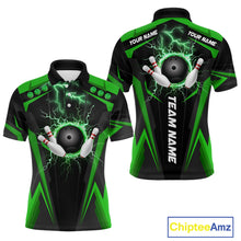 Load image into Gallery viewer, Black Men bowling Polo, Quarter Zip shirt Custom lightning thunder team league bowling jersey | Green NQS10374