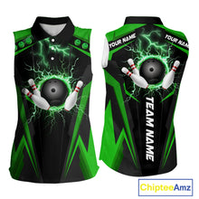 Load image into Gallery viewer, Black Women bowling Sleeveless Polo shirt Custom lightning thunder team league bowling jersey | Green NQS10374